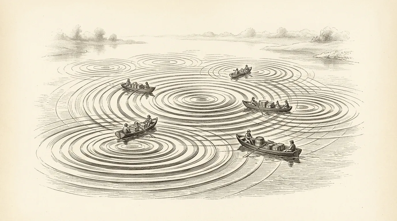 Etching of concentric ripples on water, with small rowing boats carrying cargo between the rings.