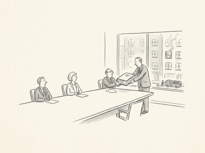 Cartoon: in a boardroom, an executive ceremonially receives an enormous bound report while, through the window behind them, a small fire on the same building is already out and a tiny fire truck packs up.